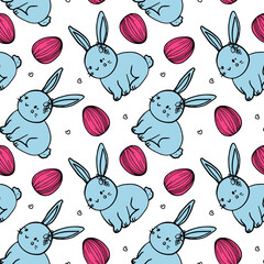 Seamless Easter pattern with cute bunny, delicate branch with green leaves, and decorated egg with a bow. Soft pastel spring colors, light and festive design