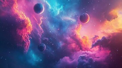 A nebula bursting with colors of pink, blue, and orange, 6 planets orbiting nearby, pastel and neon hues, cosmic energy shimmering