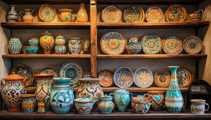 Fototapeta premium Colorful Ceramic Pottery Display in cookware Store Window. Concept of Artisanal Craftsmanship, Cultural Aesthetics, Traditional Handcrafted Art, kitchenware shop, Vibrant Home Decor, tableware