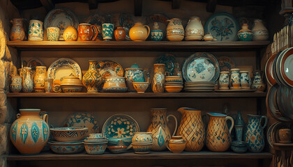 Fototapeta premium Colorful Ceramic Pottery Display in cookware Store Window. Concept of Artisanal Craftsmanship, Cultural Aesthetics, Traditional Handcrafted Art, kitchenware shop, Vibrant Home Decor, tableware