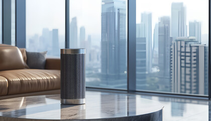 Fototapeta premium Futuristic Silver Space Heater on Marble Table in Modern High-Rise Living Room - Concept of Innovative Home Appliances, Urban Lifestyle, and Comfort Technology
