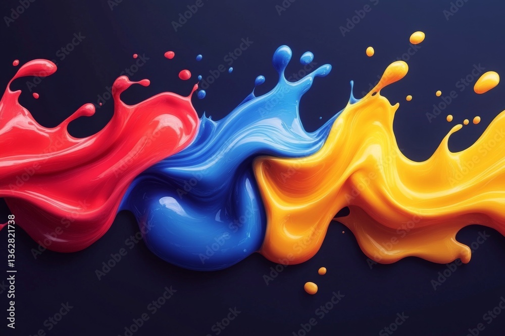 Fototapete vibrant splashes of paint create dynamic waves in primary colors on a dark background