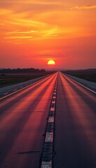 Fototapeta premium Long asphalt runway bathed in warm sunset hues, landing, lines, airport
