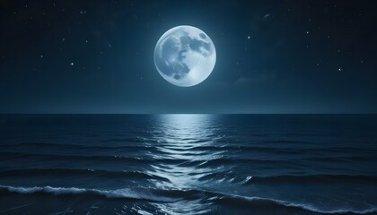 A digital artwork depicting a full moon over the ocean at night, rendered in a monochromatic blue color scheme