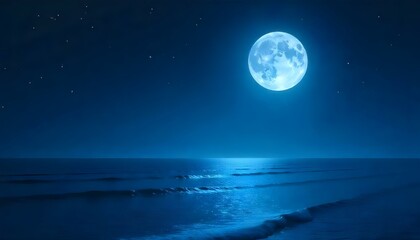 A digital artwork depicting a full moon over the ocean at night, rendered in a monochromatic blue color scheme