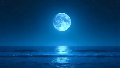 A digital artwork depicting a full moon over the ocean at night, rendered in a monochromatic blue color scheme