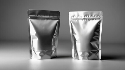 Two Metallic Silver Foil Pouches Stand Upright for Packaging Mockup