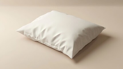 A plain white cotton pillowcase, lying flat on a beige background, wrinkles and fabric texture visible in realistic lighting.