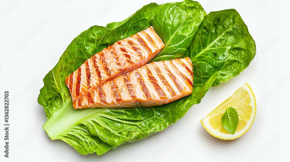 Aufkleber fresh grilled salmon on lamb's lettuce with lemon slice garnish for healthy culinary presentation