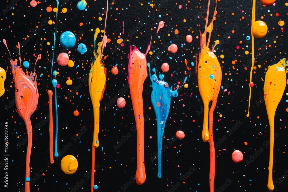 Aufkleber Colorful paint splatters create vibrant patterns on a black canvas in an artistic studio