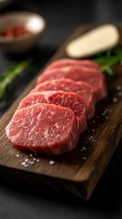 Premium beef steak Succulent slices of high-quality marbled meat arranged on a wooden board, garnished with fresh herbs, perfect for gourmet cooking and culinary presentations.