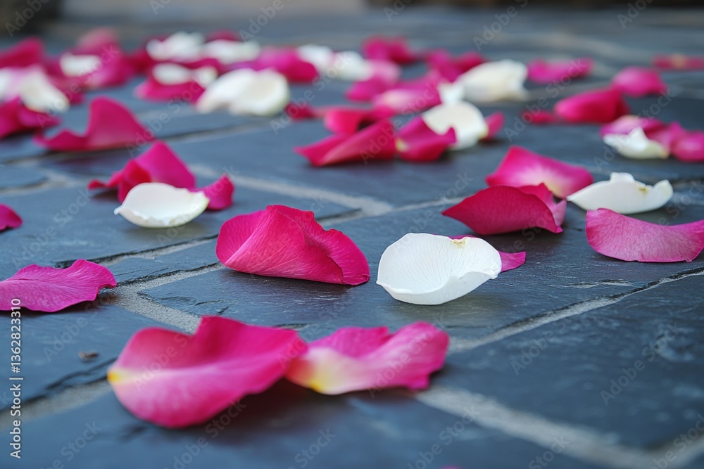 Poster petals scattered across a stone pathway create a vibrant atmosphere in a serene outdoor setting duri