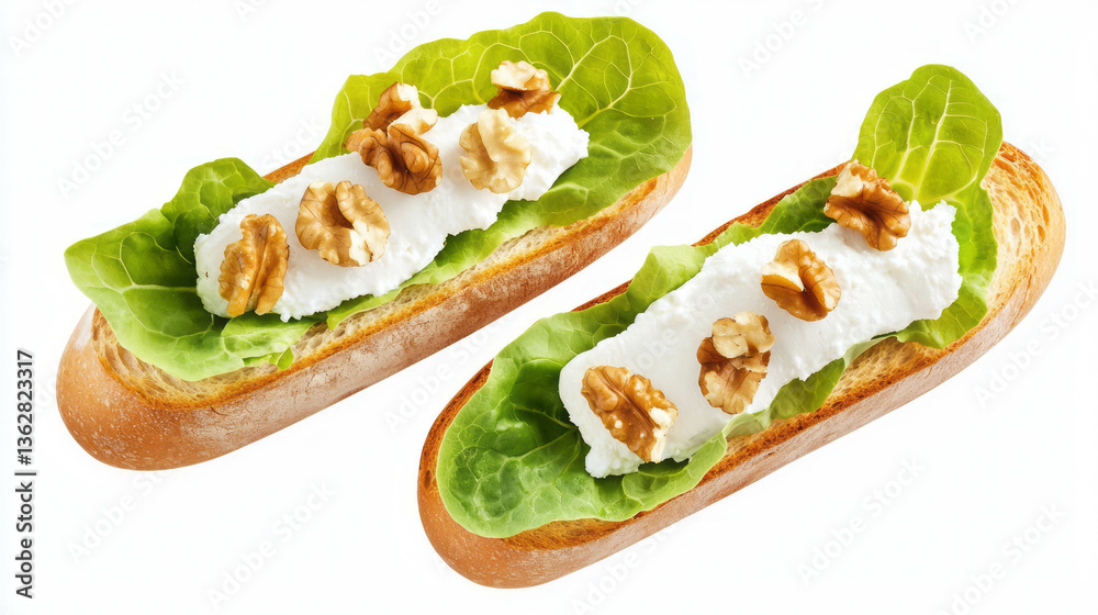 Aufkleber fresh lamb's lettuce and goat cheese on baguette with walnuts in a gourmet sandwich presentation