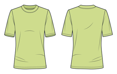 Basic T-Shirt fashion flat tehnical drawing template. Unisex T-Shirt technical fashion illustration, slim fit, front and back view, lime green, women, men, unisex CAD mockup.