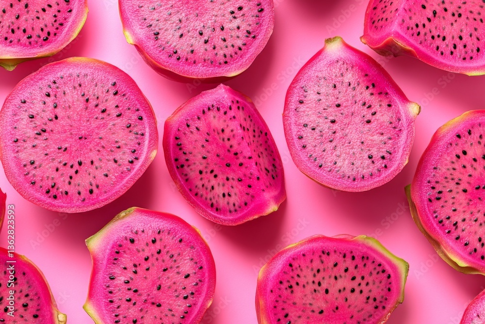 Poster Vibrant slices of dragon fruit on a bright pink background create a stunning visual display in a tropical setting