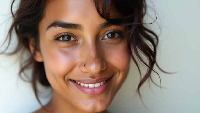 🔹Title
Close-up portrait  with warm skin and expressive features against white background
