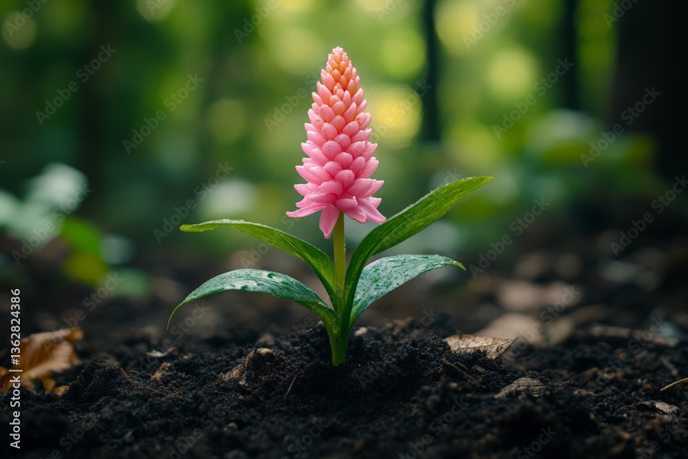 Poster beautiful pink flower blooming in lush forest during springtime with soft sunlight filtering through