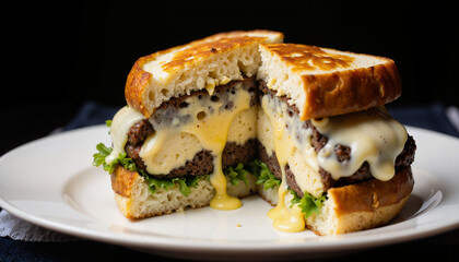 A delectable cheeseburger sandwich, cut in half, revealing juicy patties and melted cheese oozing out