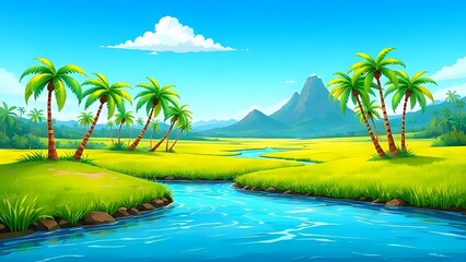 tropical island with palm trees cartoon illustration background 