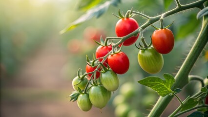 Obraz premium Close-up view of organic tomatoes developing on a stem. Text space available, background. 