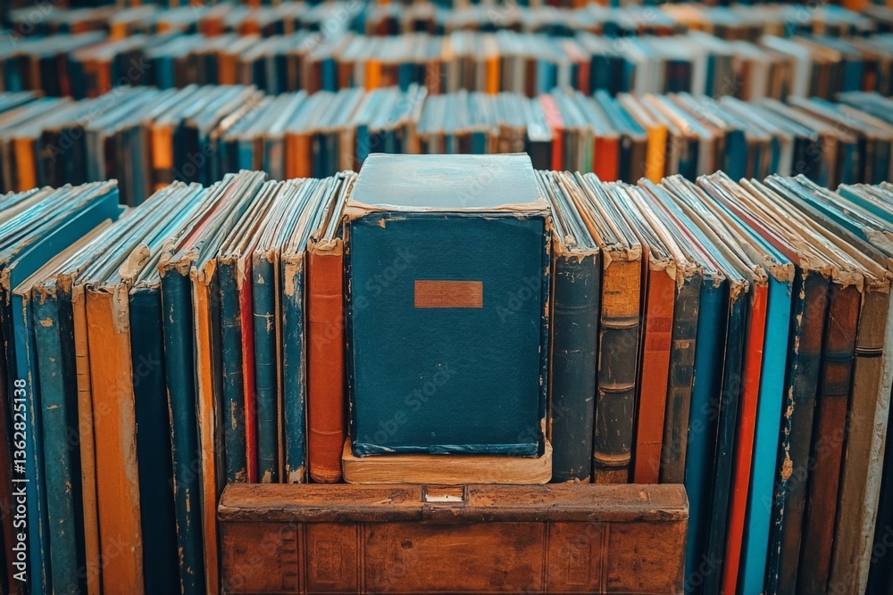 Poster rows of vintage books create a colorful backdrop in a quiet library setting filled with literary tre
