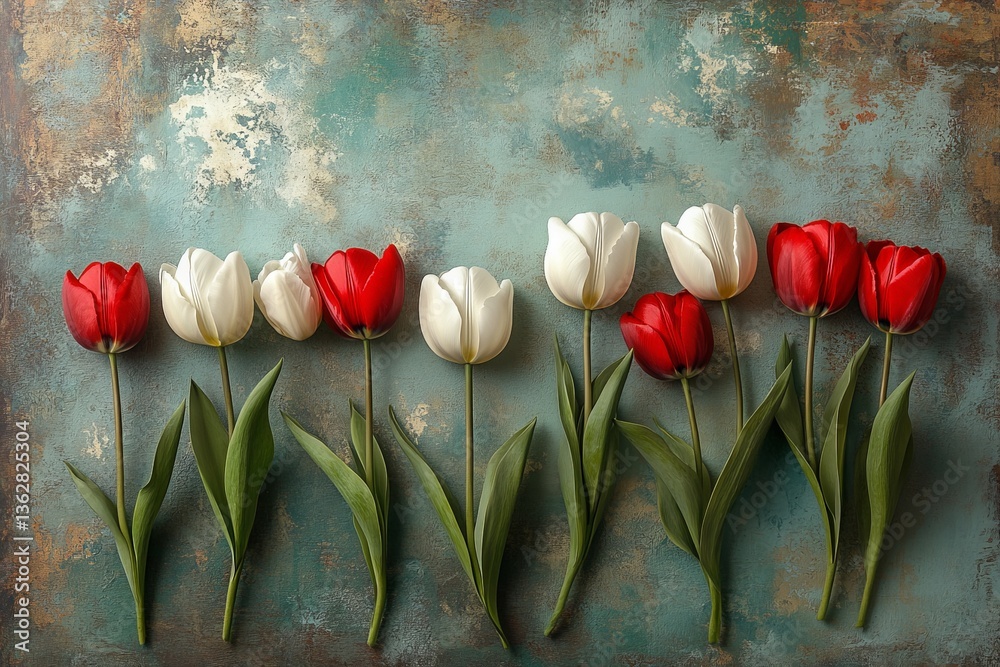 Poster colorful tulips arranged in a beautiful pattern on a textured surface with a vintage look