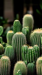 Vibrant cluster of various cacti showcasing unique shapes and textures in a sunny botanical garden during the day