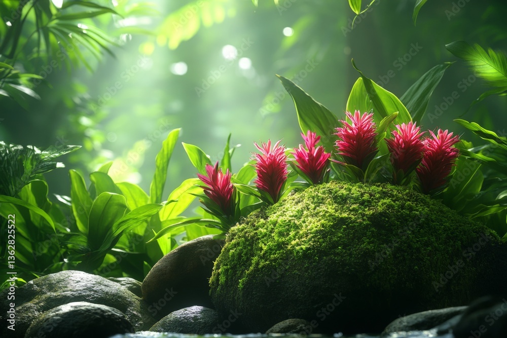 Aufkleber vibrant red flowers bloom on moss-covered rocks in a lush rainforest setting during the early mornin