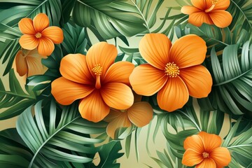 Vibrant orange blooms and lush green leaves create a tropical atmosphere in this botanical arrangement