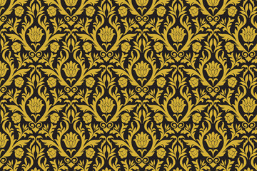Bold black and gold damask pattern with intricate details. A statement piece for luxury decor, wallpaper, and high-end branding.