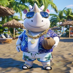 Fototapeta premium Cool Rhino on Tropical Beach Vacation with Coconut