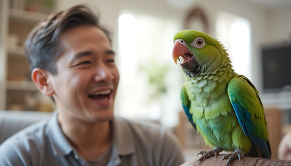 A Funny Pet Parrot Mimicking Laughter, Spreading Joy in a Home on World Laughter Day"
A parrot mimicking laughter and making its owners laugh in their home. The bird&rsquo;s playful antics and human-like la