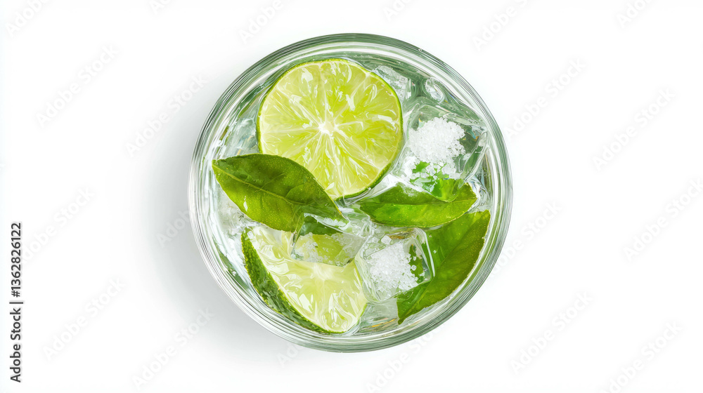 Aufkleber refreshing lime wedges and basil in glass bowl for beverage and culinary use