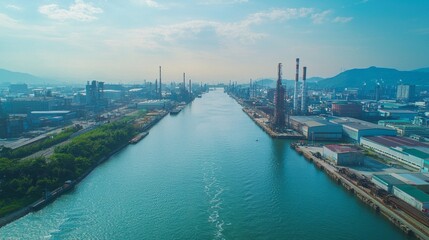 Naklejka premium An expansive river flows through an industrial area, flanked by factories and tall smokestacks. Lush greenery lines the banks, contrasting with the urban landscape under a bright sky