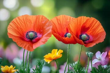 Fototapeta premium Vibrant red poppies bloom in a lush garden filled with colorful flowers during a sunny spring afternoon