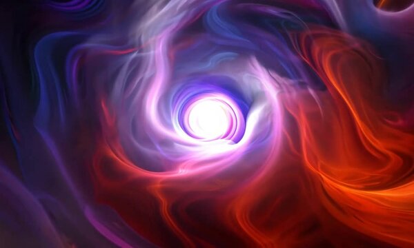 Cloudy swirl background with red purple waves of energy spinning around bright light in center. Abstract animation of surreal tunnel with vivid colors for events and digital art performance. 4K 30fps