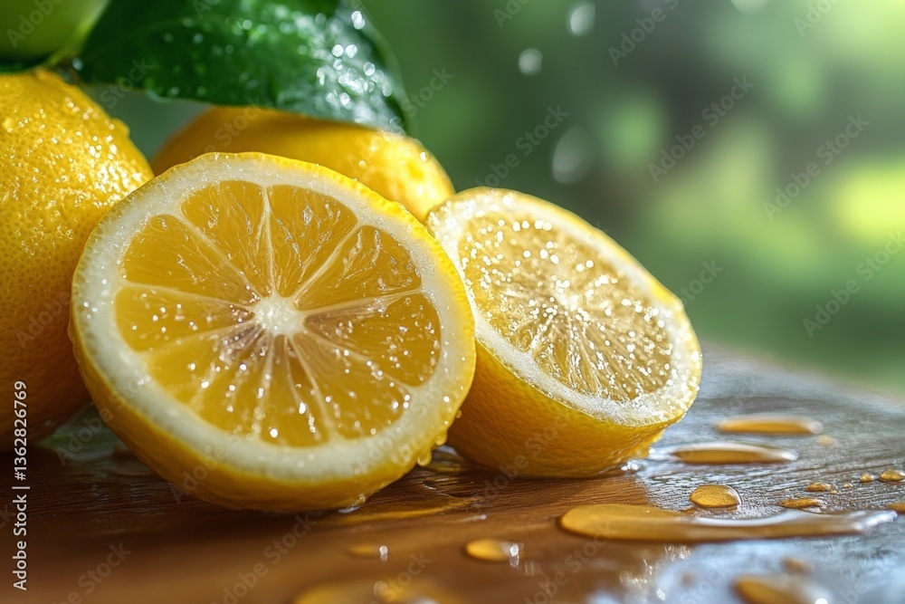 Poster freshly sliced lemons resting on a wooden cutting board with droplets of water in a bright and sunny