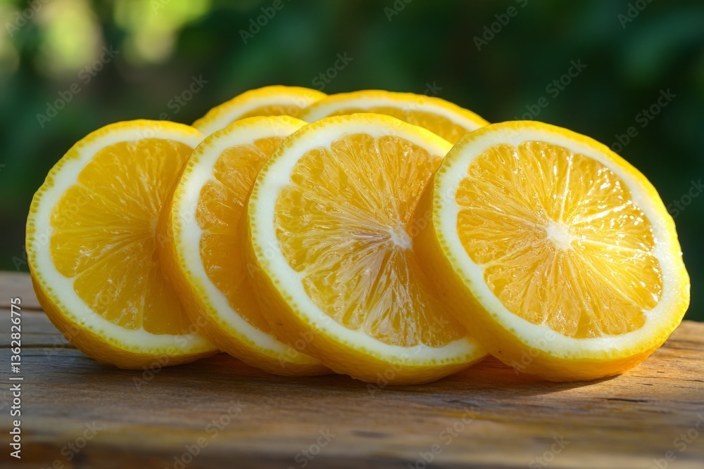 Poster freshly sliced lemons arranged neatly on a wooden surface with natural background