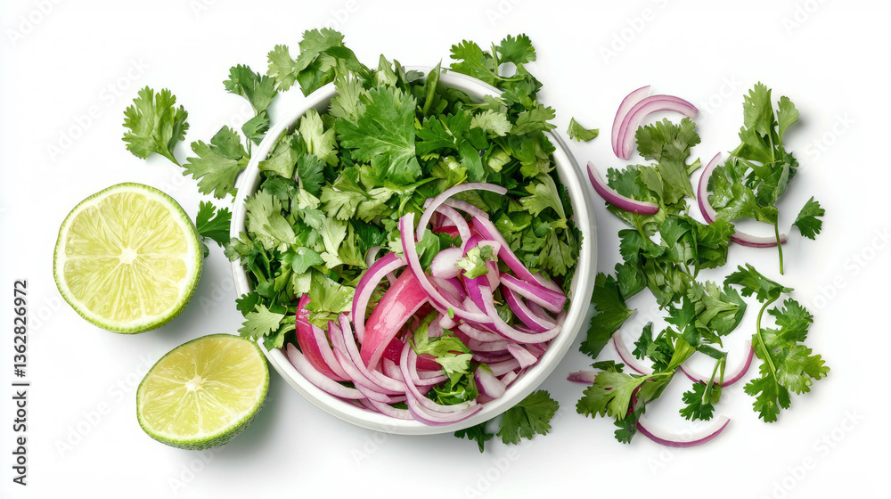 Poster fresh mango and red onion salsa with limes and cilantro for culinary inspiration