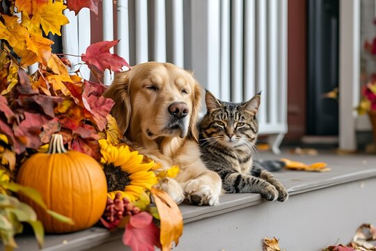 Cozy autumn dog and cat on porch with Halloween and Thanksgiving vibes  
