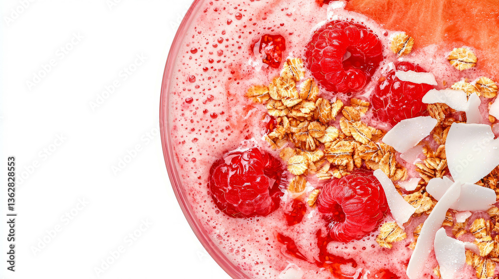 Poster Refreshing melon and raspberry smoothie with granola and coconut toppings