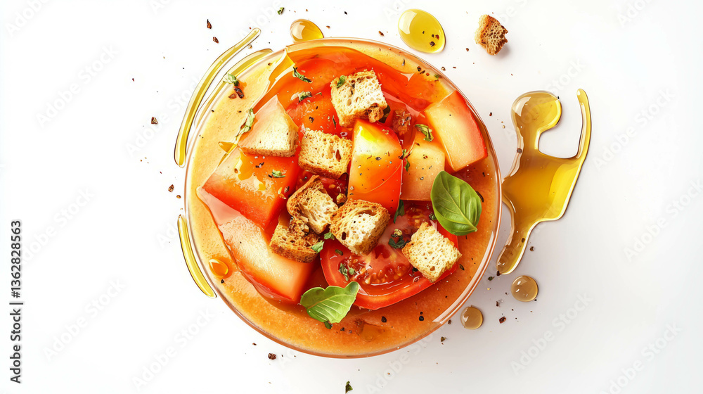 Poster refreshing melon and tomato gazpacho with croutons and basil garnish
