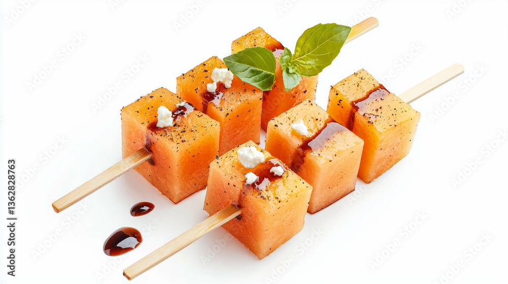 Aufkleber Refreshing melon cube skewers with balsamic glaze and cheese garnish for summer appetizers or party snacks