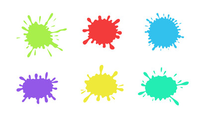 A set of bright multicolored blots, the shape of paint spots with splashes, drops, isolated on a white background. Colored abstract splash of liquid. Graphic vector illustration for design, decoration