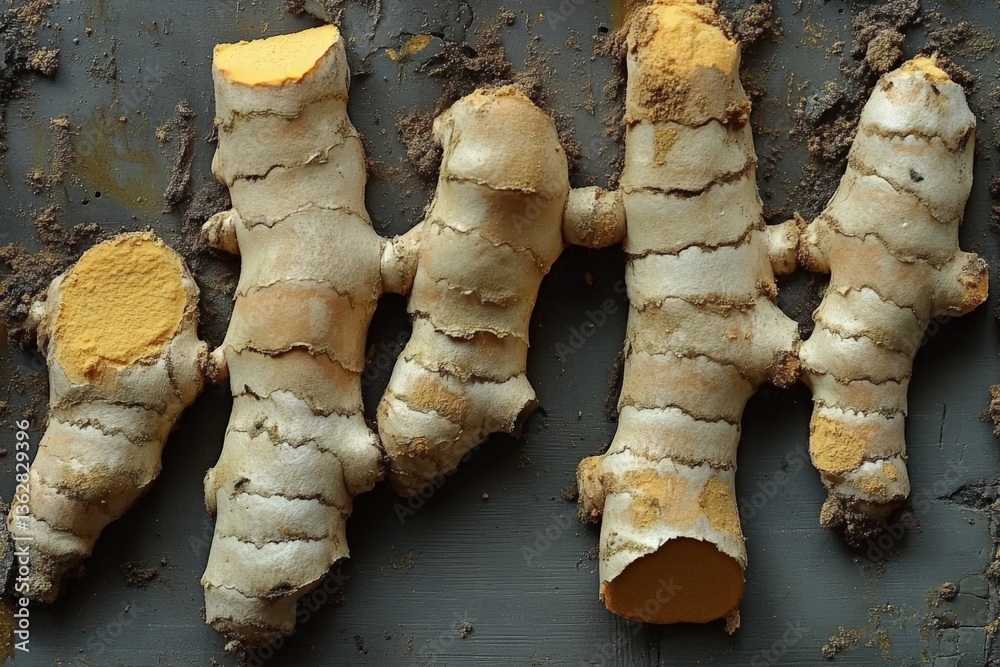 Poster fresh turmeric roots arranged on a dark surface showcasing their vibrant color and texture in natura