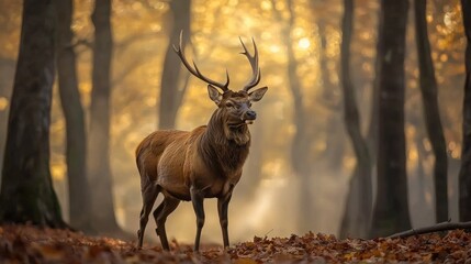 Majestic stag in autumnal forest, bathed in soft golden sunlight during sunrise