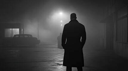 Obraz premium A solitary figure in a foggy urban alleyway at night