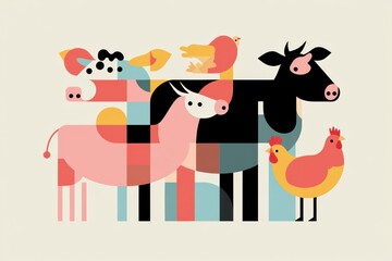 Naklejka premium Vibrant minimalist geometric illustration featuring cows, pigs, and chickens in modern design Generative AI
