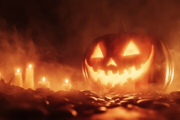 Halloween pumpkin smile and scary eyes. Close up view of scary Halloween pumpkin with eyes glowing inside at fire