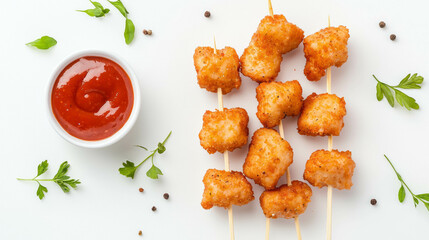 Delicious chicken nuggets skewered on sticks with dipping sauce and herbs on white background